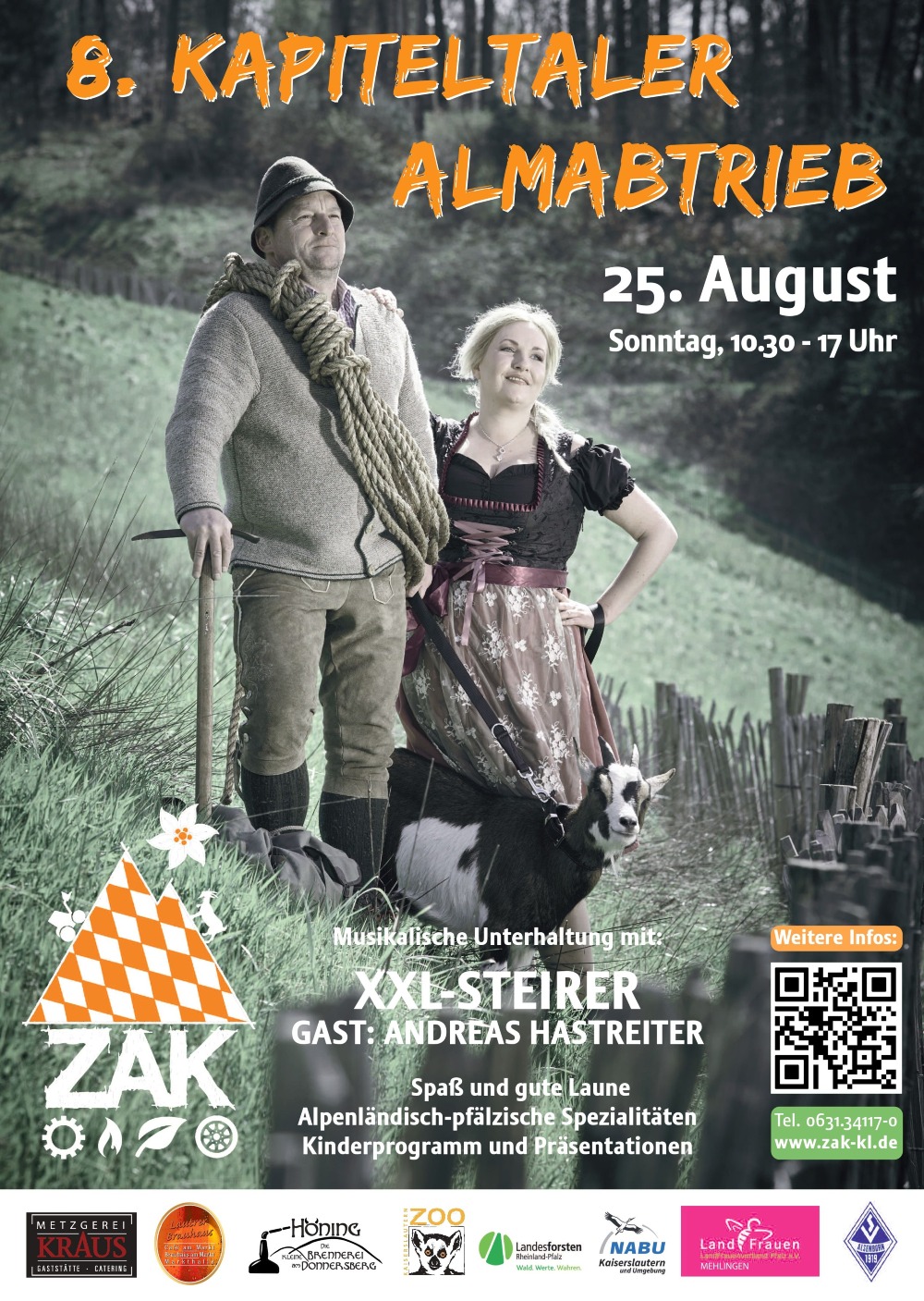 Flyer für 8. Kapiteltaler Almabtrieb am 25. August mit Almhirten in traditioneller Tracht und Schafen
