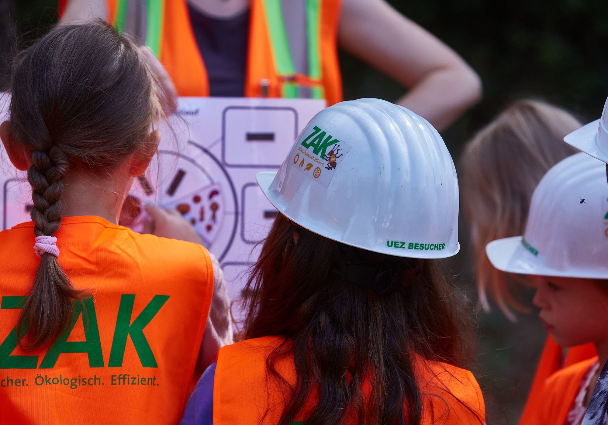 ZAK Ferienfreizeit-Kinder in orangefarbenen Warnwesten bei Umweltbildungsprogramm "Umwelt erleben" mit Schutzhelmen