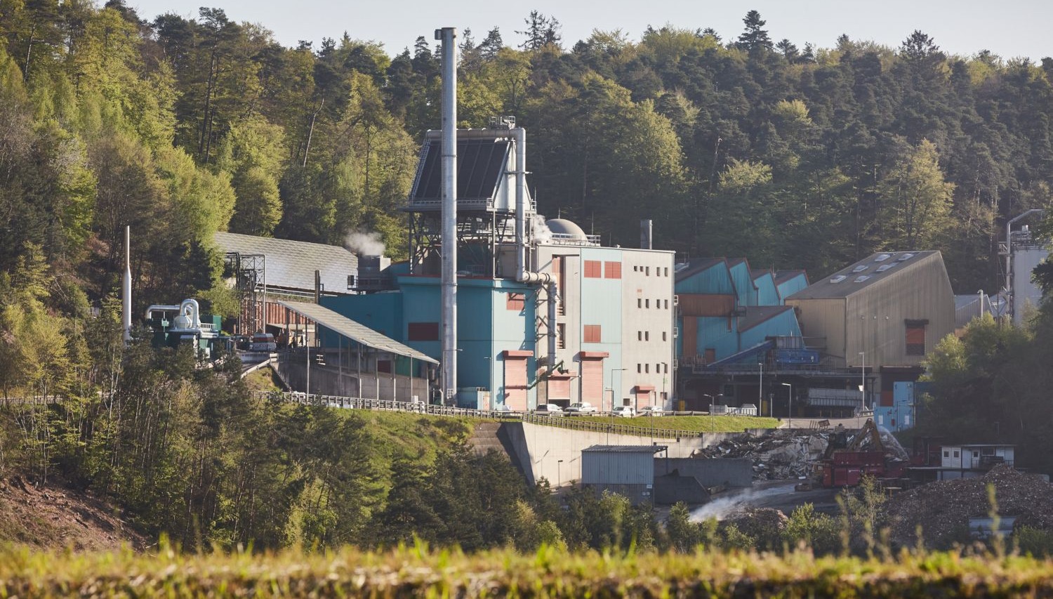 ZAK Biomasseheizkraftwerk inmitten grüner Waldlandschaft