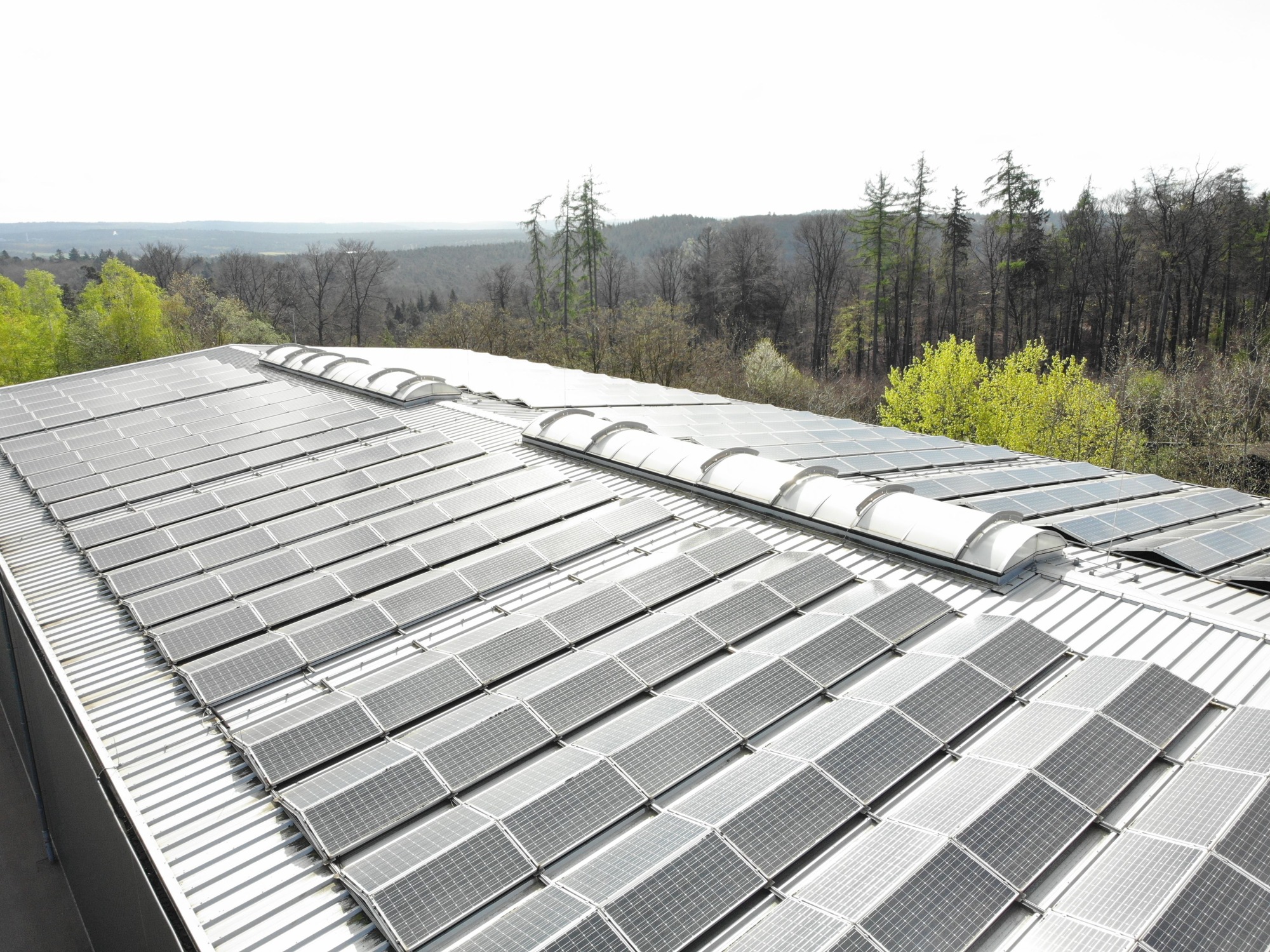 ZAK Gebäude mit Solardach und Windrad in waldiger Umgebung